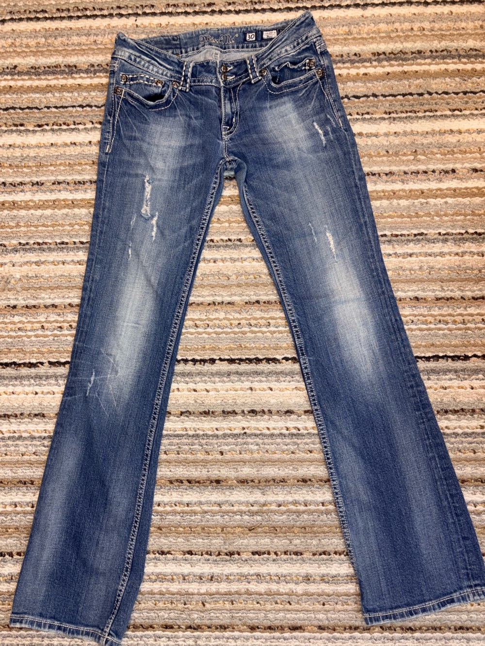 MISS ME Embellished Lace Pocket Bootcut Jeans Size 30, Long Inseam 35